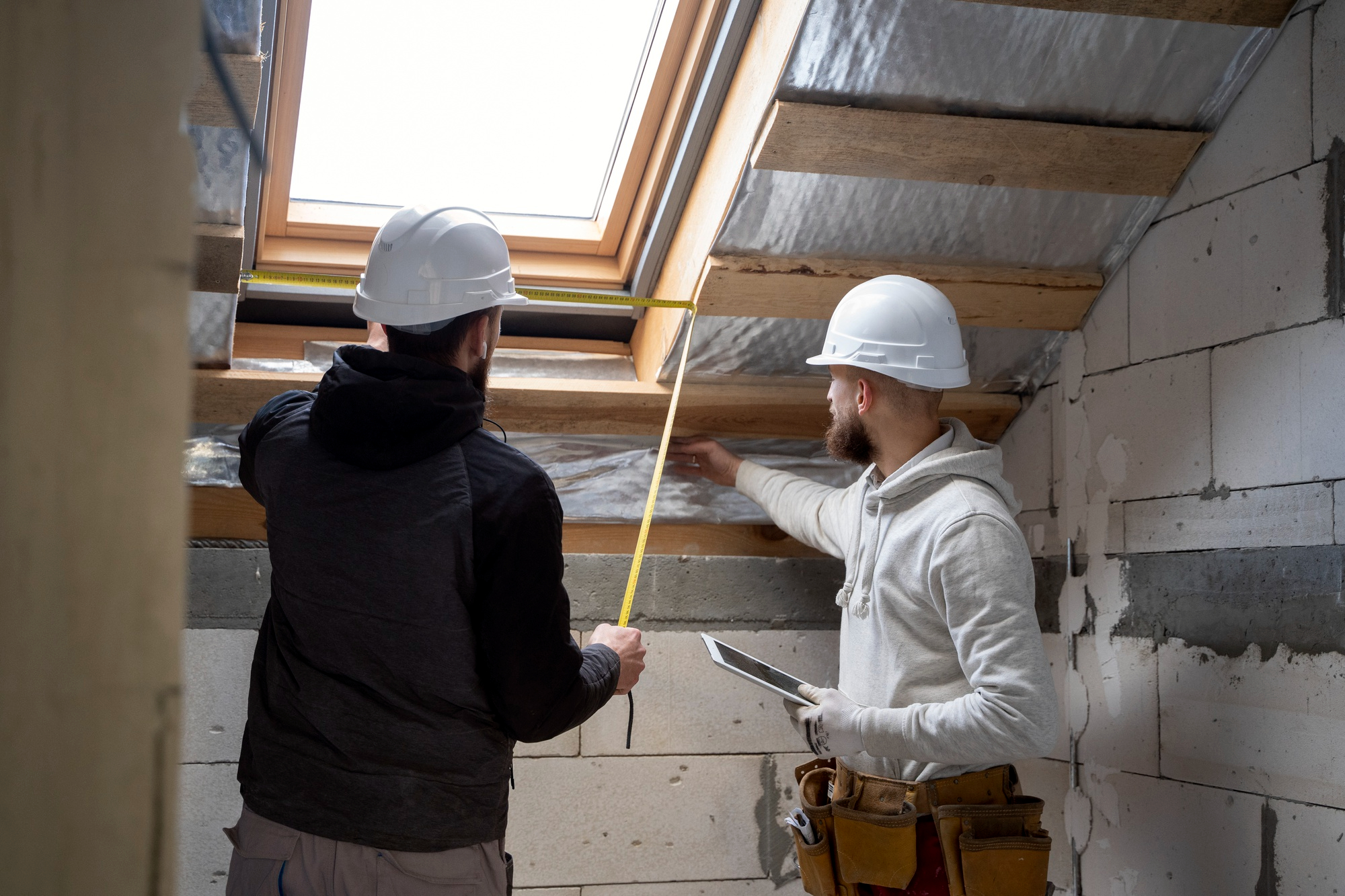 Construction workers in hard hats measuring attic space for renovation and home improvement.