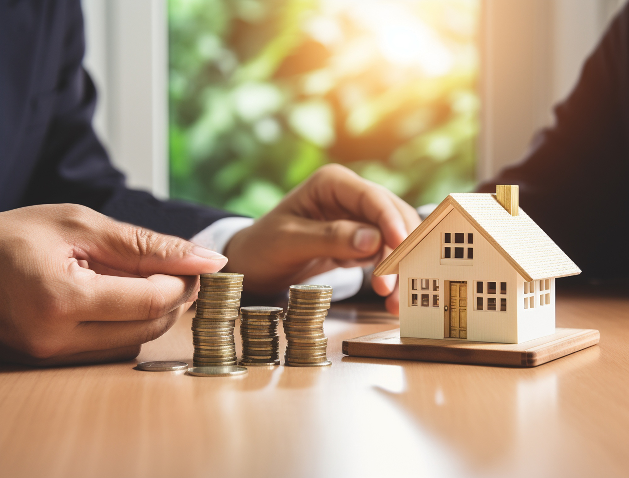 Stacks of coins next to a miniature house model, symbolizing real estate investment and mortgage planning.