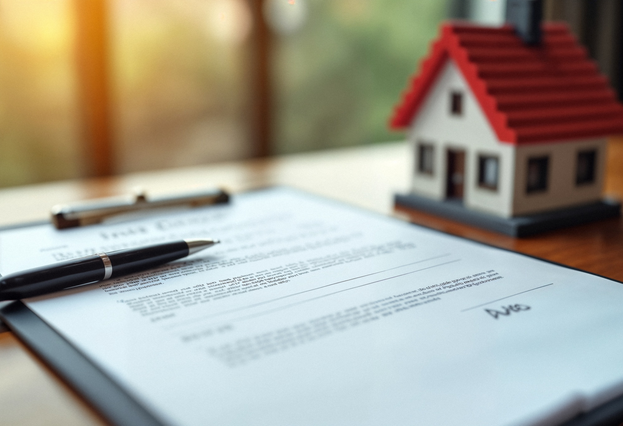 Close-up of real estate contract with pen and small house model, symbolizing property agreement.