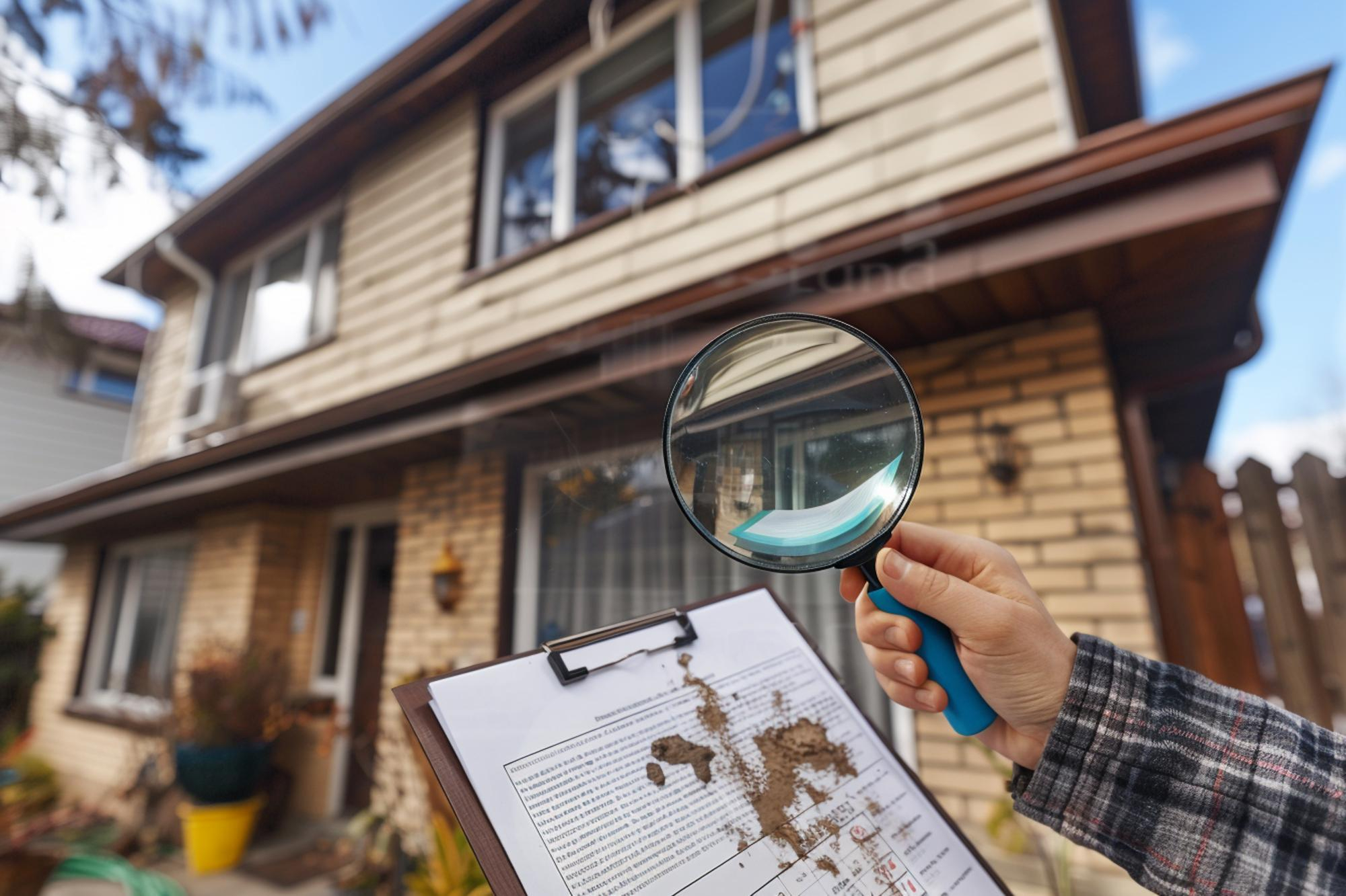Home inspector holding magnifying glass and checklist while examining exterior of a house.