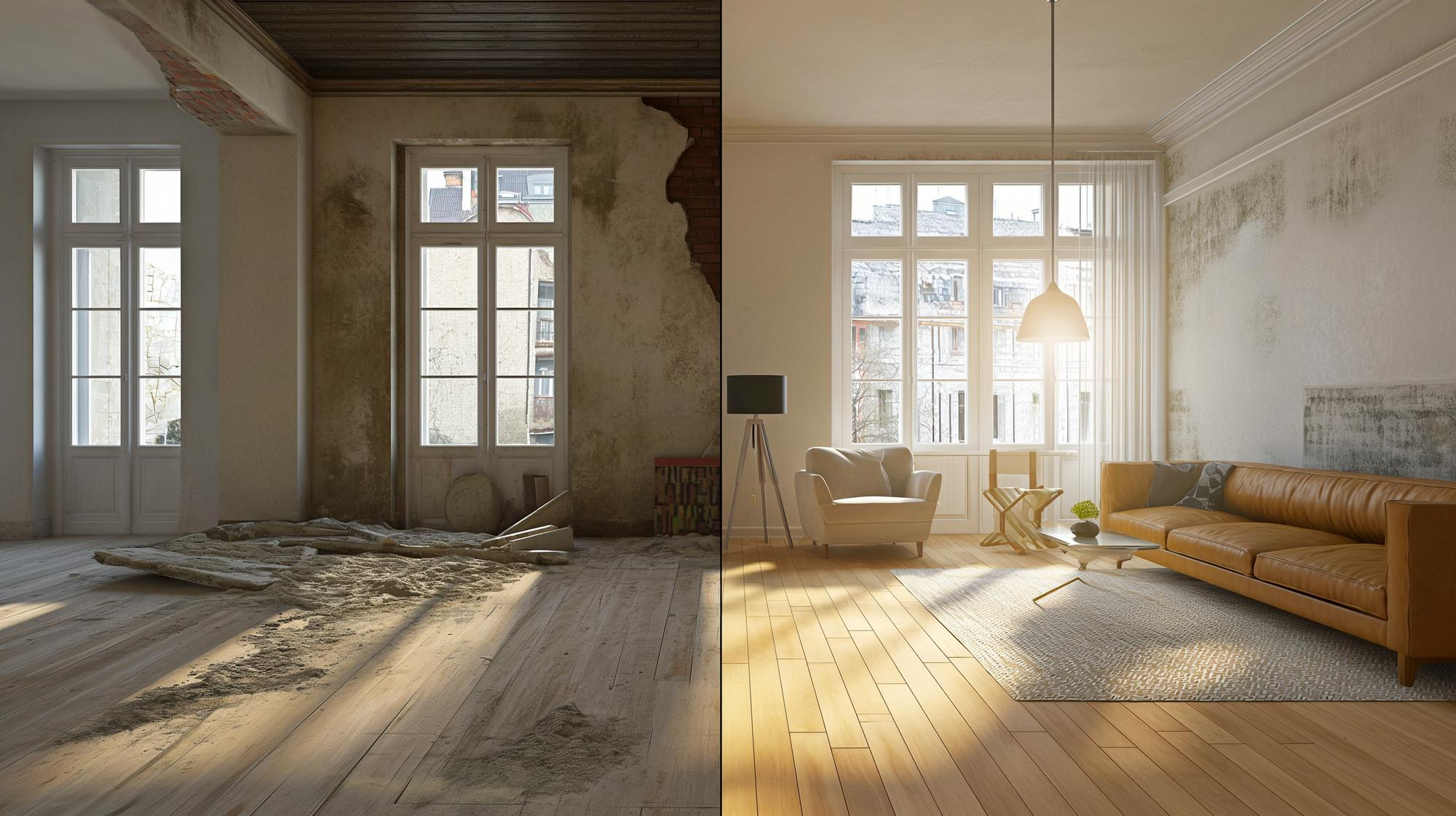 Side-by-side comparison of a living room before and after renovation: on the left, a damaged space with worn-out floors and deteriorated walls; on the right, a renovated room with modern furniture, natural lighting, and a cozy atmosphere.