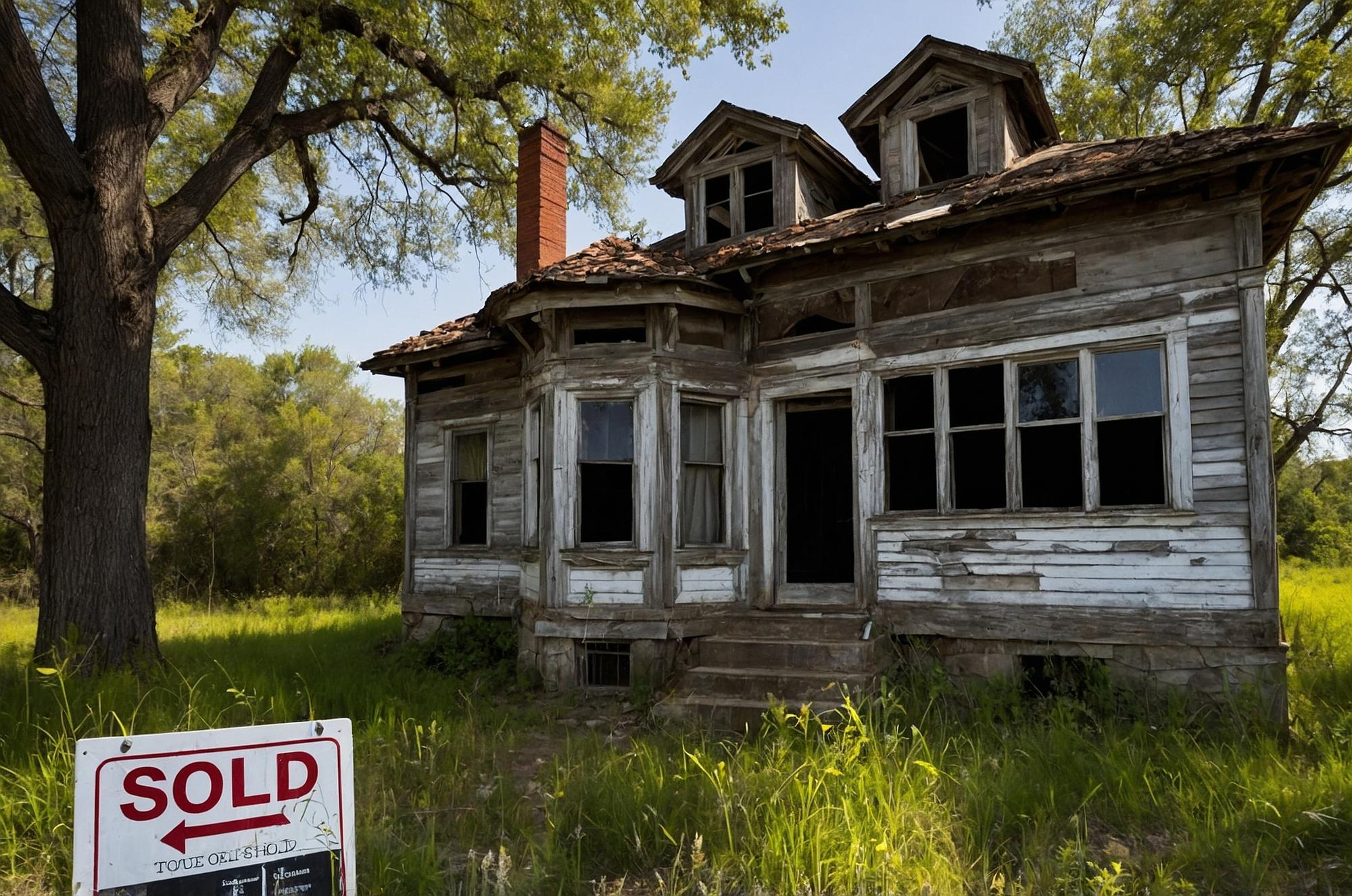 Old abandoned wooden house with broken windows and damaged roof, with a red 'SOLD' sign in front, symbolizing selling distressed or hoarder properties.